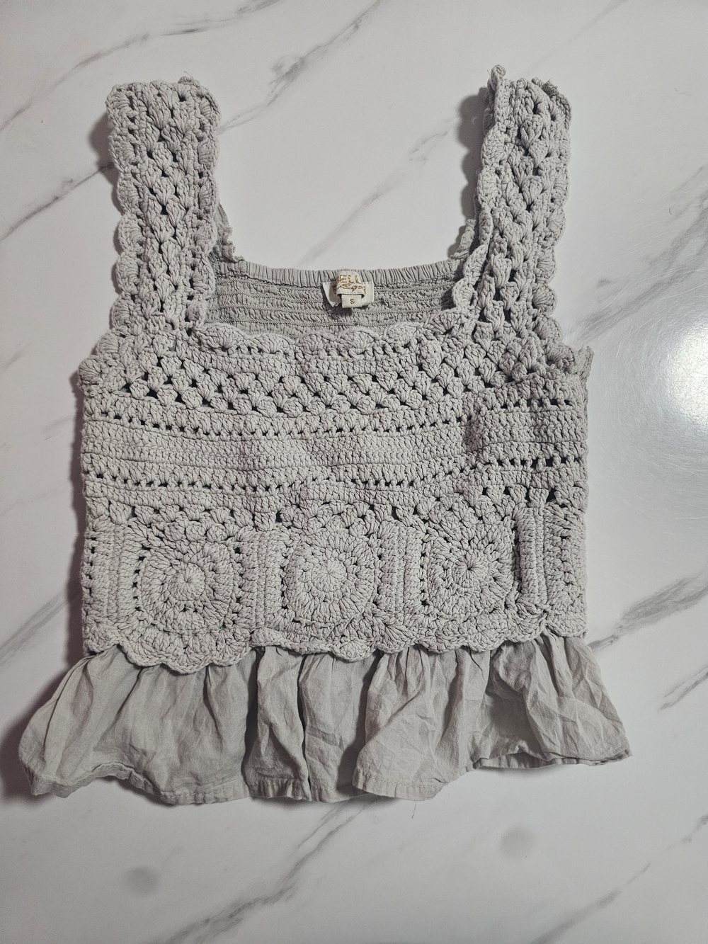 Rebellion Taupe Crochet & Ruffle Peplum Tank Top Size S
